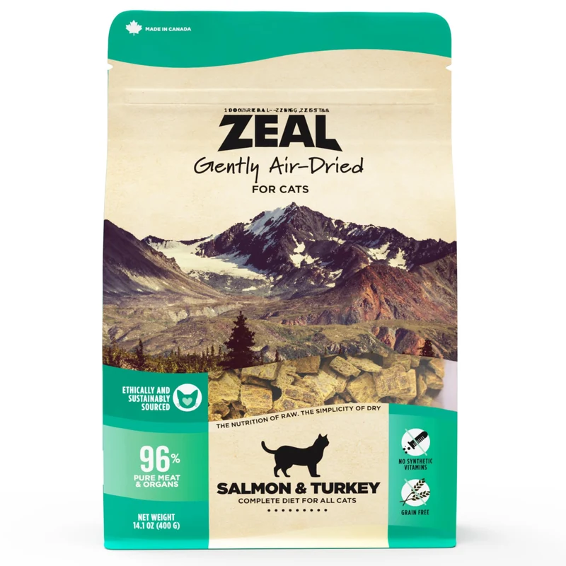 ZEAL Canada Recette Saumon & Dinde Séchée à l'Air pour Chats – Oméga-3, Double Protéine, Sans Céréales, Nutrition Complète (Saumon & Dinde, 14,1 oz)