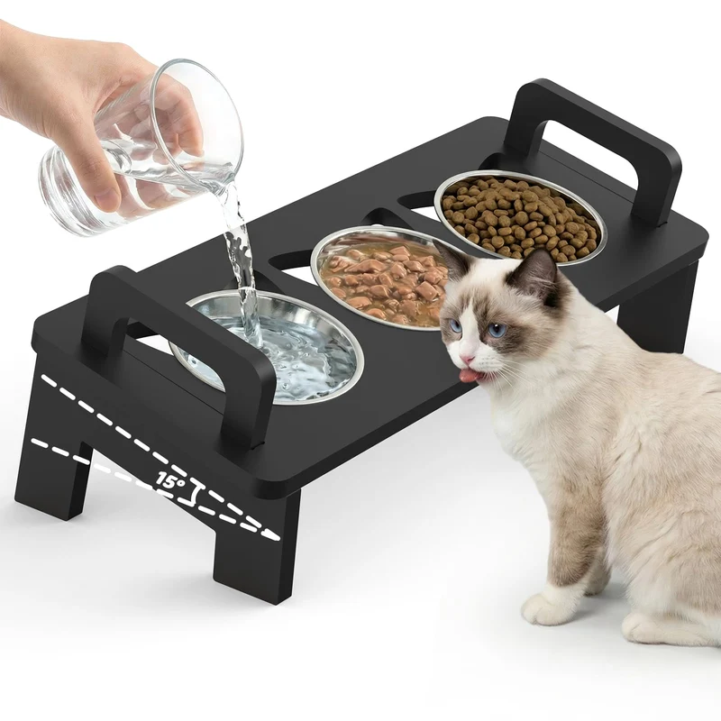 Woodever – Bols surélevés en bambou pour chats, 3 bols inox 304, incline 15°, noir