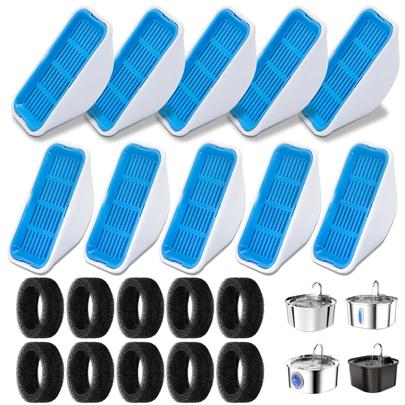 WECATION — Filtres de remplacement pour fontaine chat 3,2 L / 2,5 L | 10 filtres et 10 éponges pré-filtration