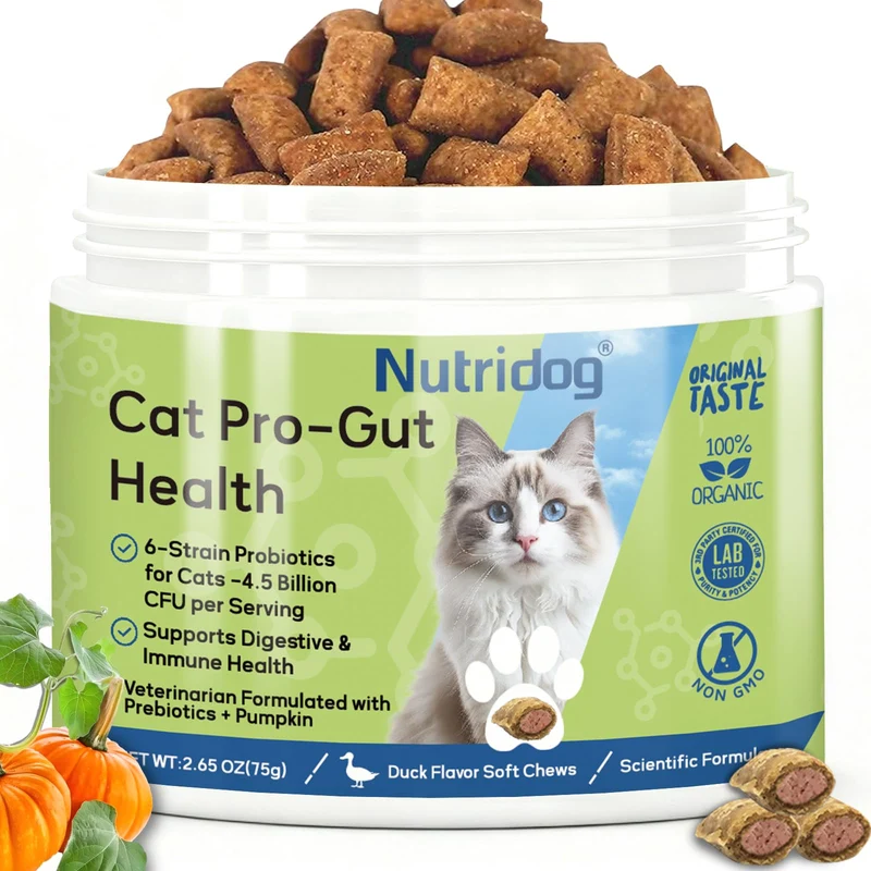Nutridog Cat Probiotiques – Santé digestive des chats, 150 bouchées texture double