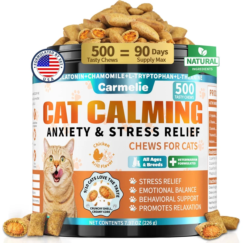 Friandises apaisantes Carmelie pour chat – 500 bouchées poulet et krill, mélatonine et camomille