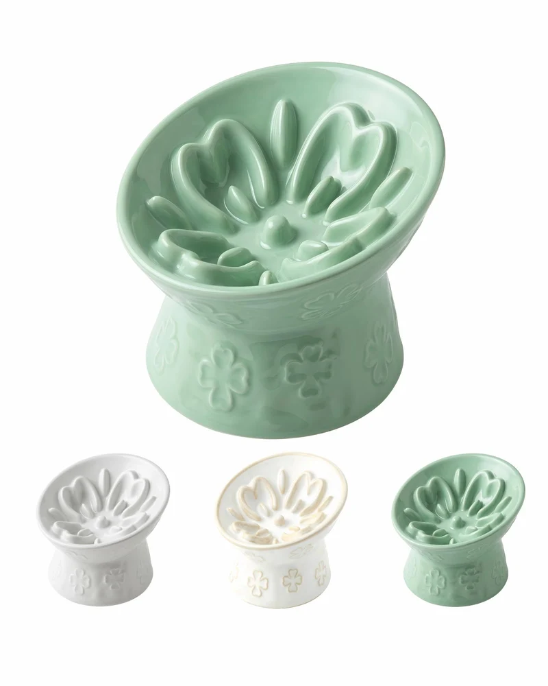 TRUVIC Bol Céramique Lent Élevé pour Chats et Petits Chiens – Inclinaison 15° Vert