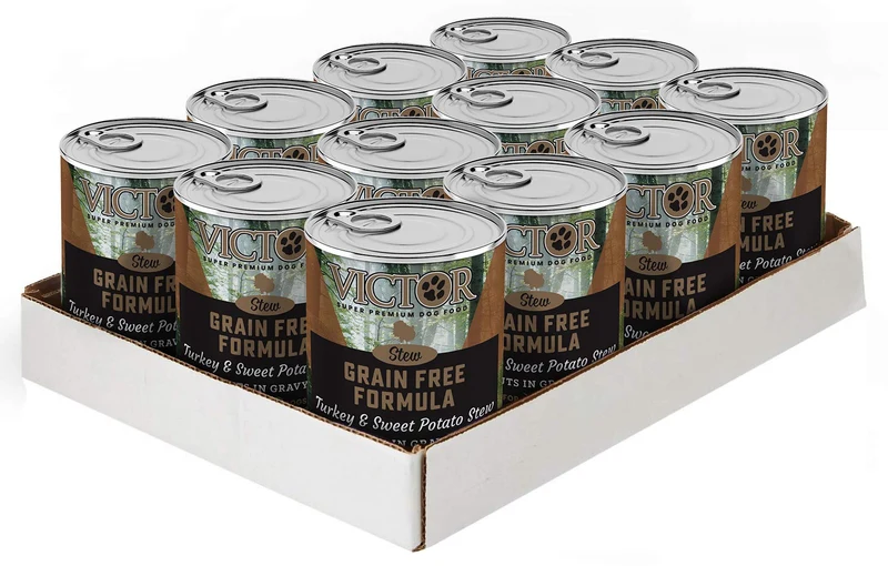 VICTOR – Nourriture humide sans céréales à la dinde et patate douce en sauce pour chiens adultes, 12 × 375 g – Tous types de races