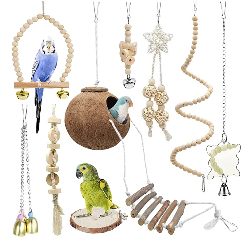 TOLMIOW – Ensemble de 9 Jouets pour Perroquets en Bois Naturel et Corde