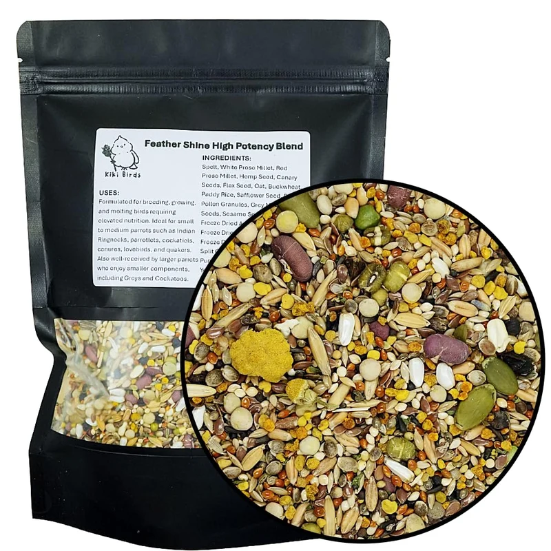 KikiBirds Feather Shine — Mélange Haute Puissance avec Pollen d’Abeille et Germes Lyophilisés pour Perroquets | 17,5% Protéines Végétales | Oméga Riche | Fabriqué aux États-Unis