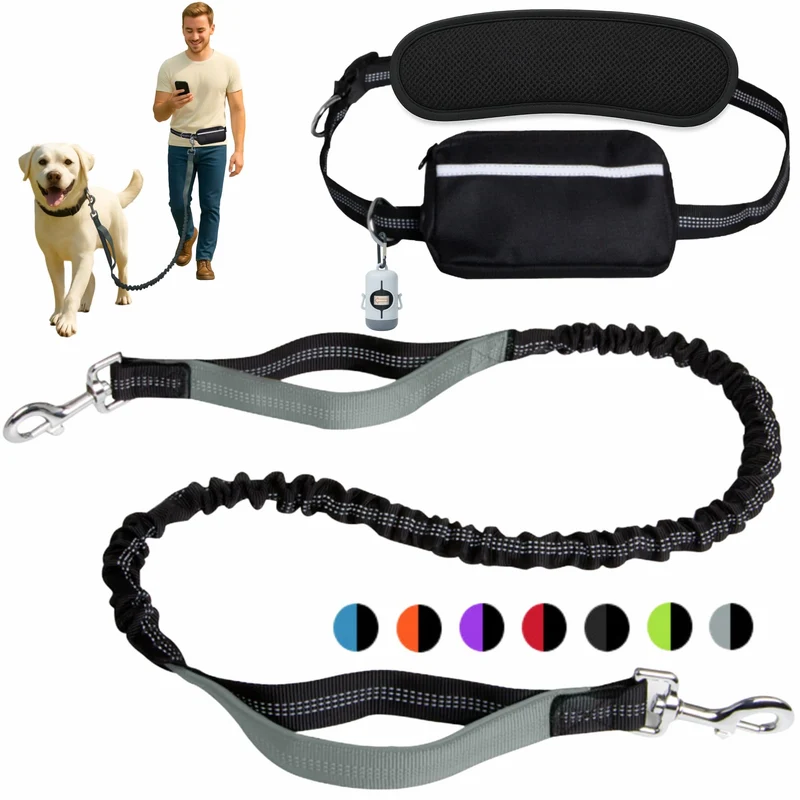 BJDQHKJ Laisse mains-libres pour chien jusqu’à 130 lb – Amorti Bungee, poche zippée et double poignée