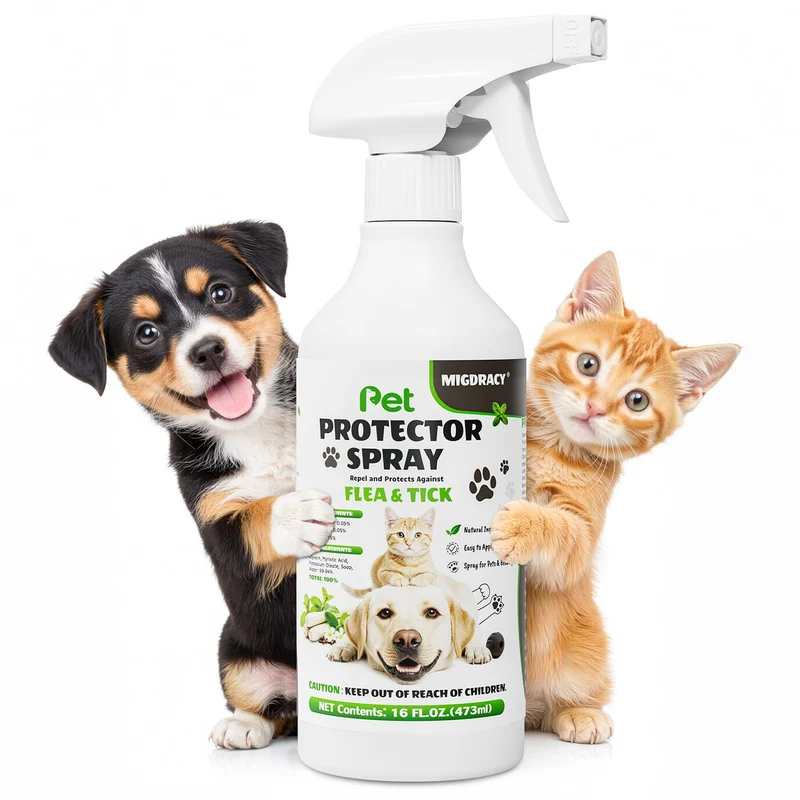 Migdracy Pet Protector Spray – Anti-puces, tiques et moustiques (16 oz) – Usage intérieur et extérieur