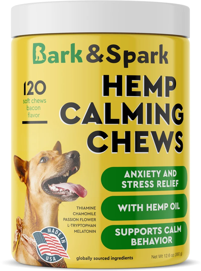 BARK&SPARK Friandises apaisantes au chanvre pour chiens – Fabriqué aux États‑Unis, calme et soutien lors des séparations – 120 bouchées moelleuses