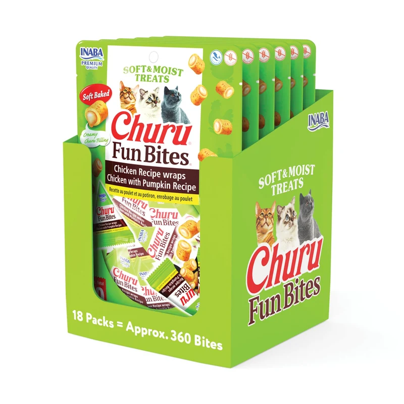 INABA Churu Fun Bites pour Chats – Poulet et Citrouille, 18 sachets Tetra (3 portions), 69% d'humidité, Taurine, 17 kcal
