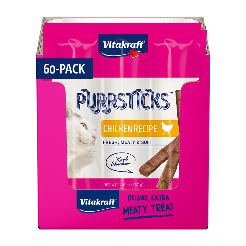 Vitakraft PurrSticks pour Chats – Friandises Moelleuses au Poulet, 70% Viande, Lot de 60 Bâtonnets