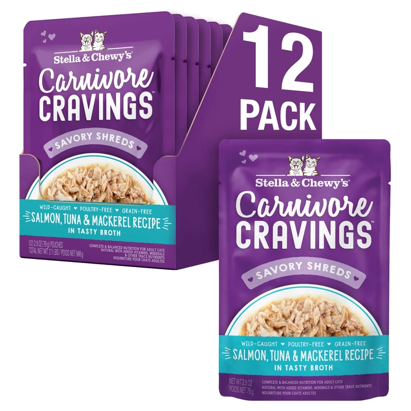 Stella & Chewy's Carnivore Cravings – Poches haut de gamme sans céréales Saumon/Thon/Maquereau (2,8 oz, 12 sachets) – Repas Complet ou Complément pour Croquettes