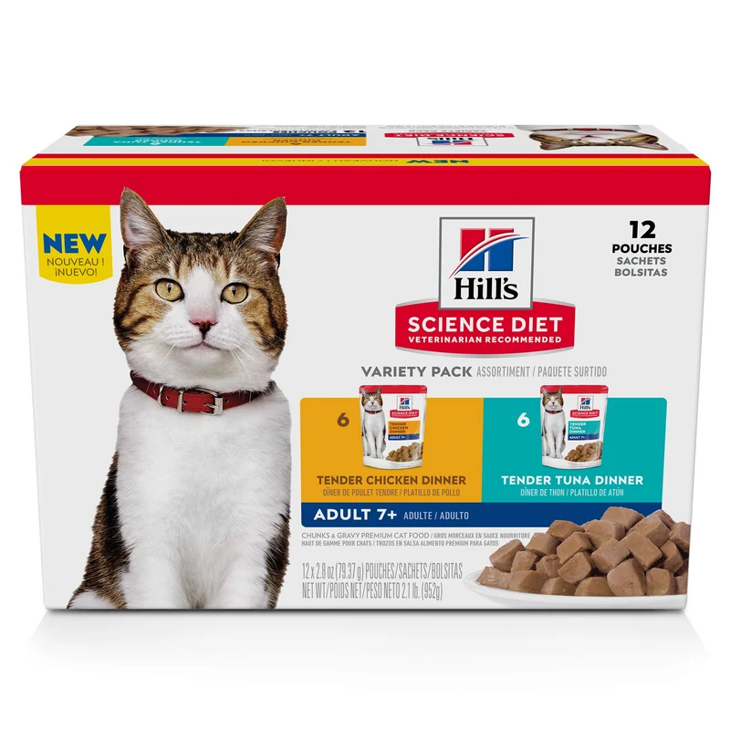 Hill's Science Diet Chat Adulte 7+ – Variété Humide (Poulet & Thon), Sachets 2,8 oz, Pack 12