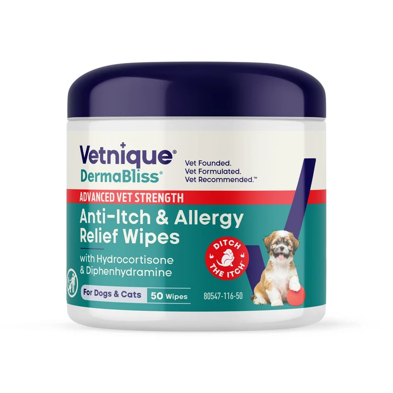 Vetnique Dermabliss 3-en-1 Lingettes Médicamenteuses pour Chiens et Chats – Soulagement démangeaisons, allergies et odeur (50 lingettes)