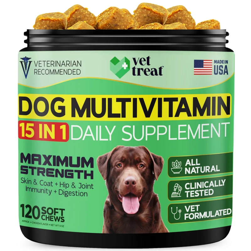 Vet Treat Chien Multivitamine 15-en-1 avec Glucosamine & Huile de Saumon – 120 bouchées