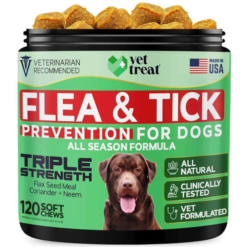 Vet Treat - Prévention Puces et Tiques pour Chiens | Friandises Molles au Poulet — Fabriqué aux États‑Unis — Pour toutes tailles et races — 120 friandises