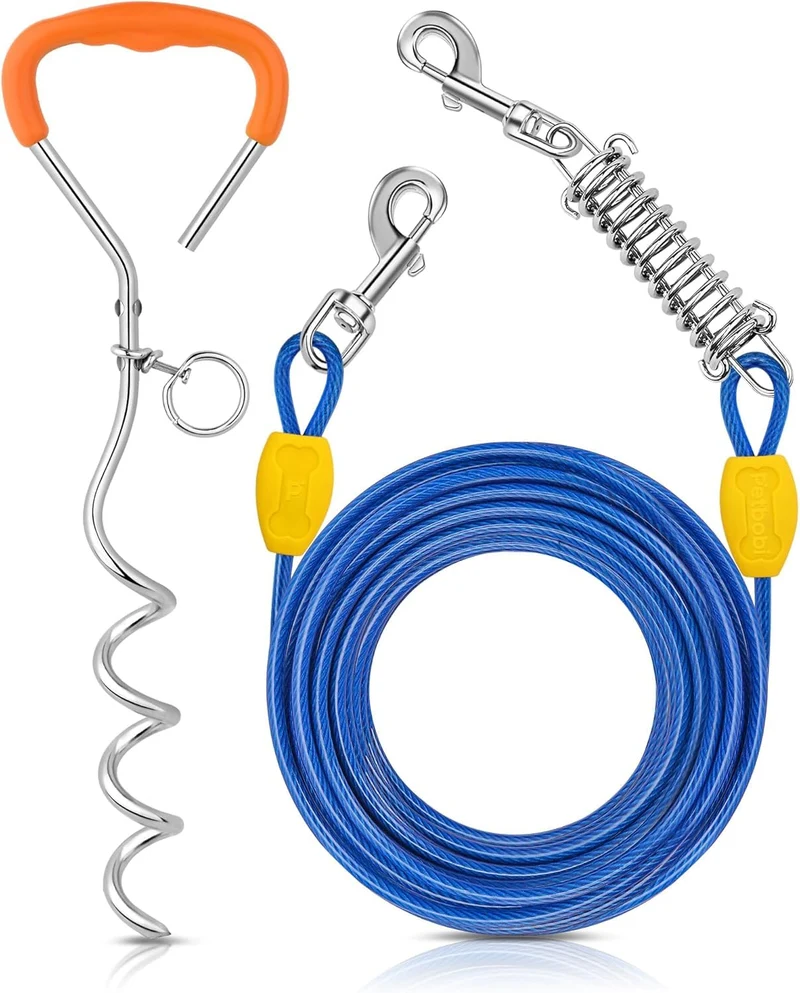 Petbobi Laisse et Piquet 30 ft – Câble robuste avec ressort, sans enchevêtrement, piquet 16 po, jusqu’à 120 lb, Bleu