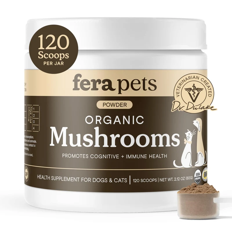 Fera Pets – Complément à base de champignons pour chiens et chats, Tramète versicolore (USDA Biologique) – Soutien cognitif et immunitaire, fonction hépatique et intestinale – Poudre – 120 dosettes