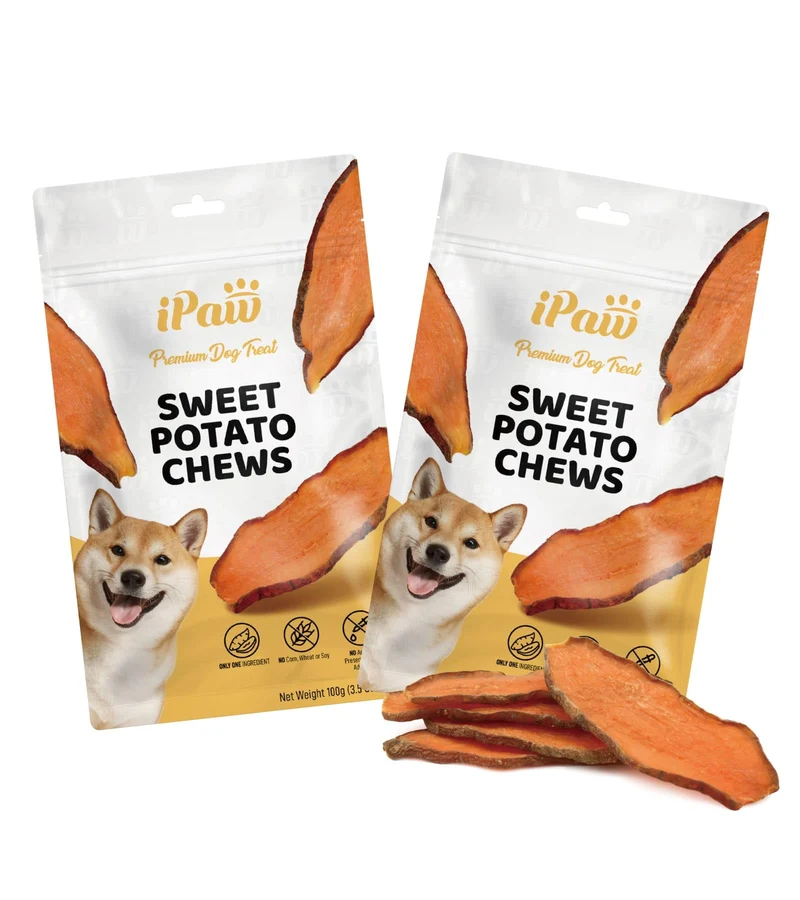 iPaw Friandises Patate Douce – Ingrédient Unique, Qualité Alimentaire Humaine, Alternative au Cuir Brut, Hypoallergéniques, Digestion Facile, Lot de 2