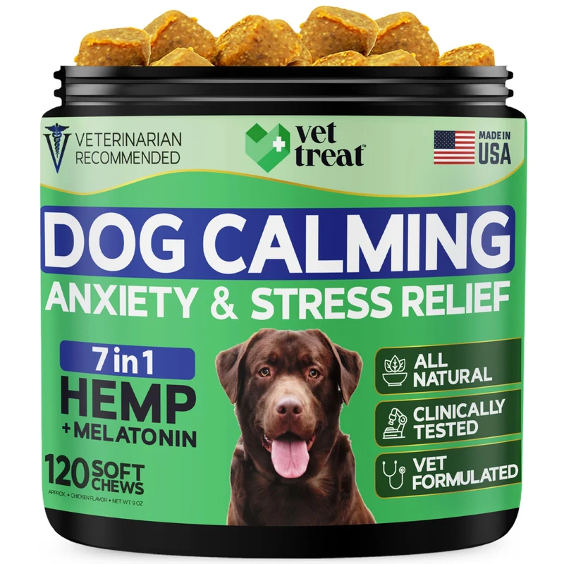 Vet Treat – Friandises apaisantes au chanvre avec mélatonine pour chiens – Gestion du stress et anxiété (USA)