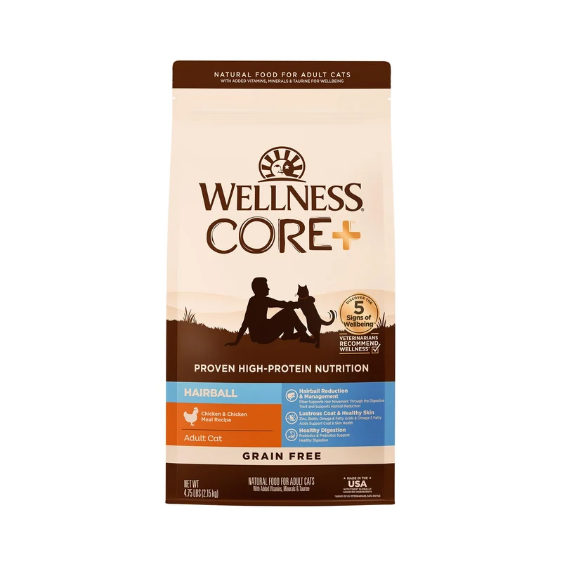 Wellness CORE+ Hairball – Croquettes sans céréales poulet pour chat adulte, 4,75 lb