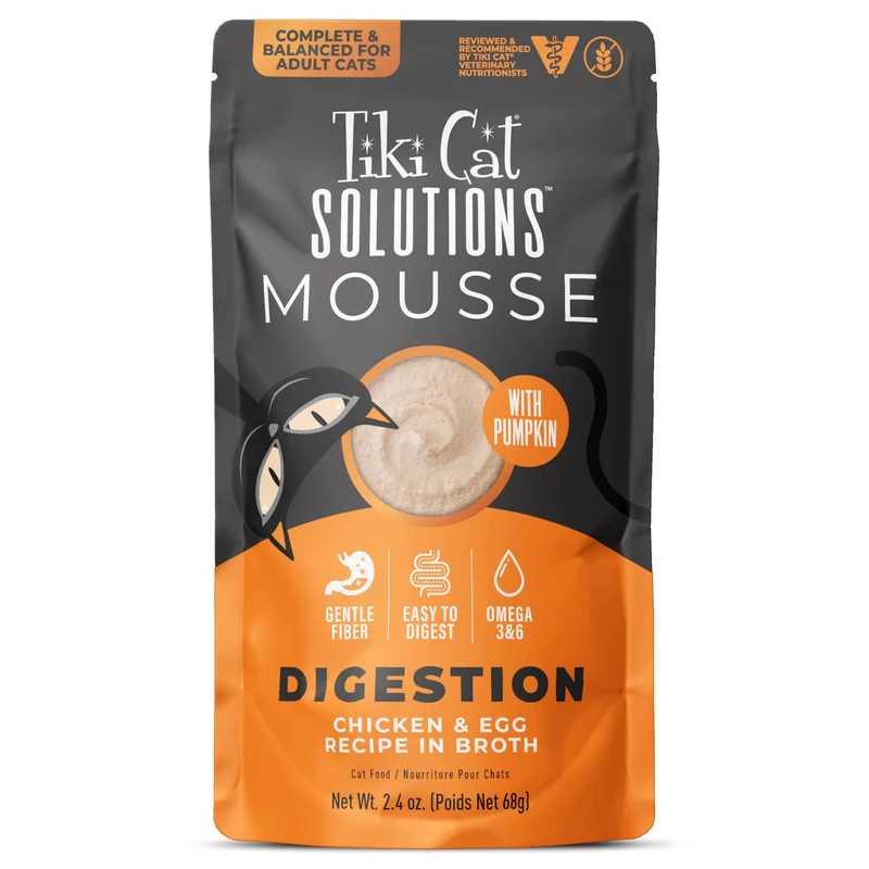 Tiki Cat Solutions Digestion Mousse – Poulet & Œuf en Bouillon, Soutien Digestif, Nourriture humide pour chats, 12 pochettes de 2,4 oz (68 g) chacune
