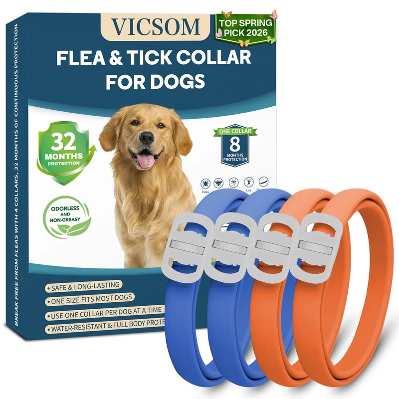 Collier anti-puces et tiques pour chiens VICSOM — Pack 4, Étanche et Réglable (Bleu/Orange)
