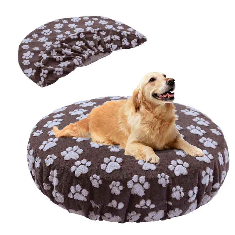BALAPET Housse de lit pour chien rond – Imperméable et lavable, impression pattes, design réversible, brun 45×45×11 po