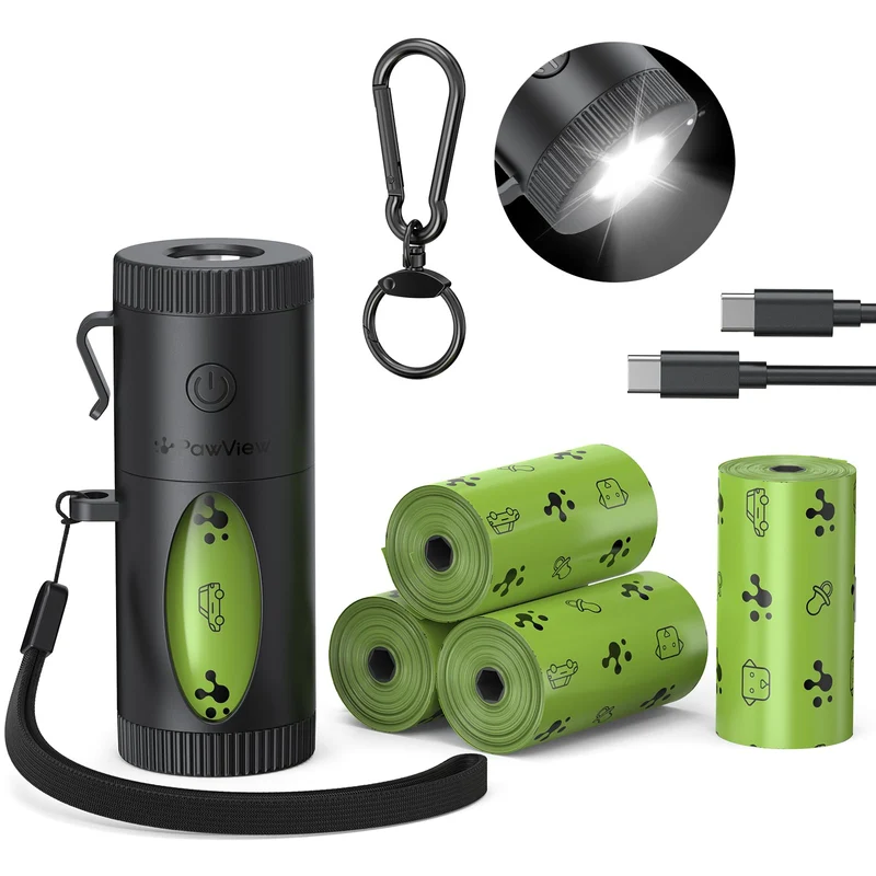 PawView | Distributeur de sacs pour chien avec lampe 4 modes, recharge Type-C et suivi NFC (60 sacs inclus)