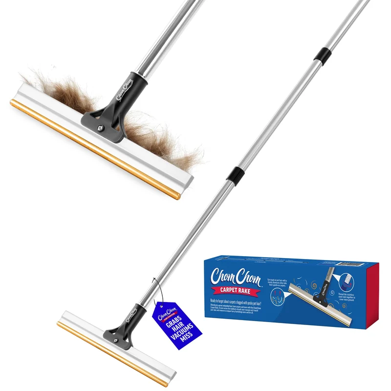 ChomChom Râteau pour Tapis – Poignée Réglable jusqu’à 64 po, Dents en Cuivre – Nettoyage Profond et Silencieux