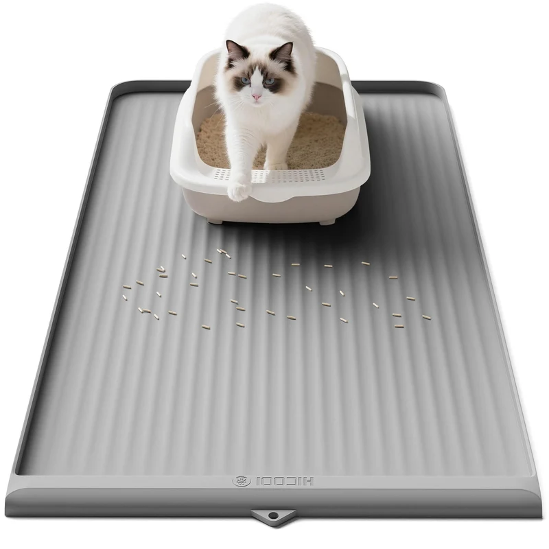 HICOOI Tapis Litière Chat 36x24 – Rebords Surélevés, Canaux de Diversion, Étanche