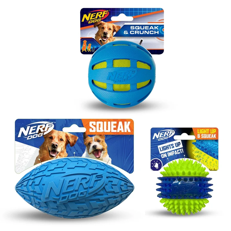 Coffret Nerf Dog – 3 Jouets d’Extérieur pour Chiens Moyens et Grands (Checker Crunch Ball, Spike LED Squeak Ball et Tire Squeak Football)