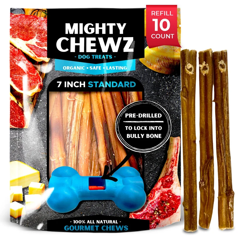 MIGHTY CHEWZ – Bâtons Bully 7 pouces Standard, Recharge 10 pièces – Sans étouffement et 100% naturels