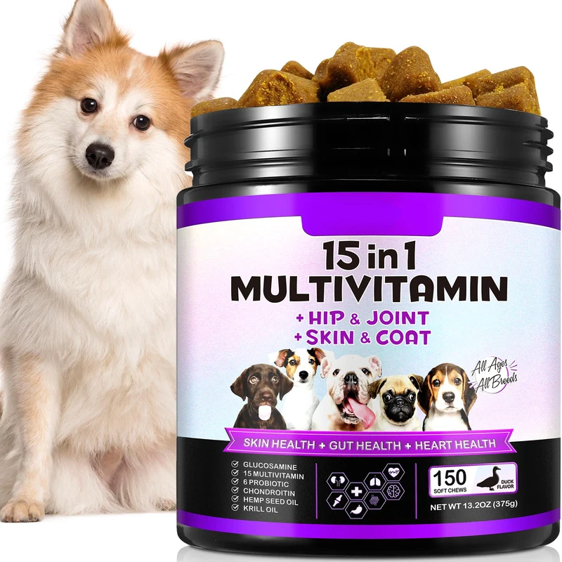FRDUGA – Multivitamines pour chiens 15-en-1 avec glucosamine et probiotiques, saveur canard – 150 bouchées