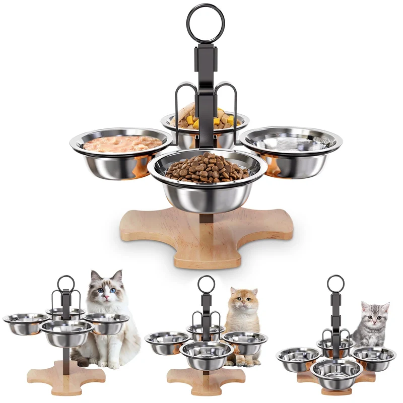 GYJZIFW – Gamelles chat surélevées réglables avec socle bois, 3 hauteurs, 4 bols inox, anti-débordement