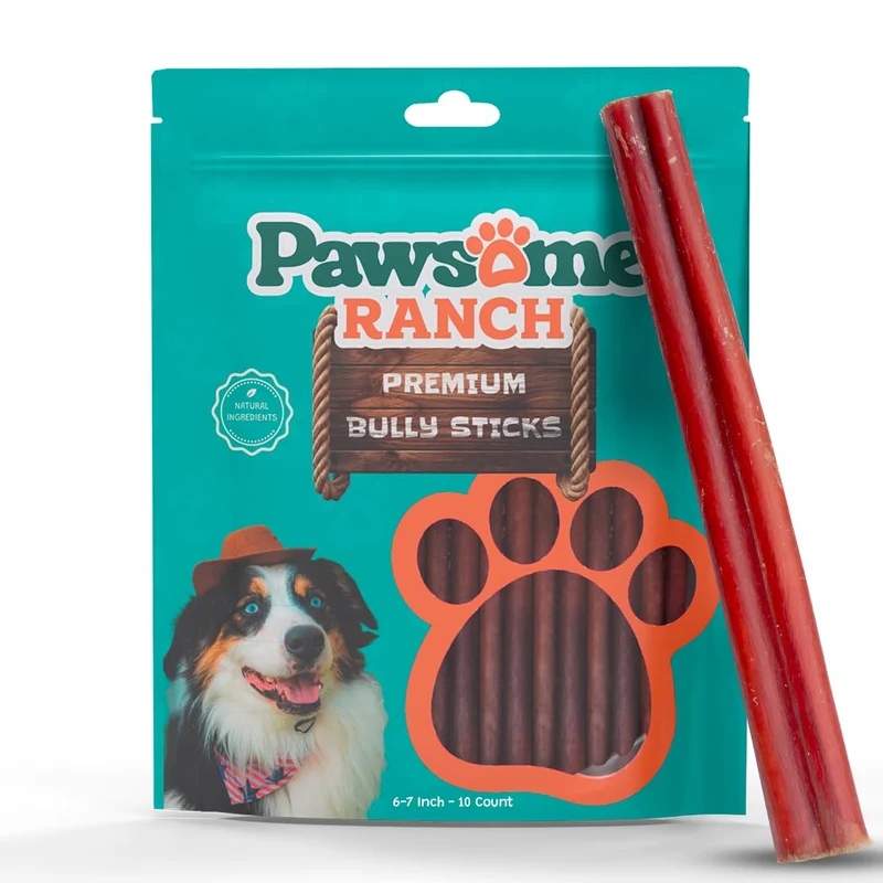 Pawsome Ranch Bully Sticks 6–7 pouces – 10 pièces | Friandises à ingrédient unique, longue durée pour chiens de toutes tailles