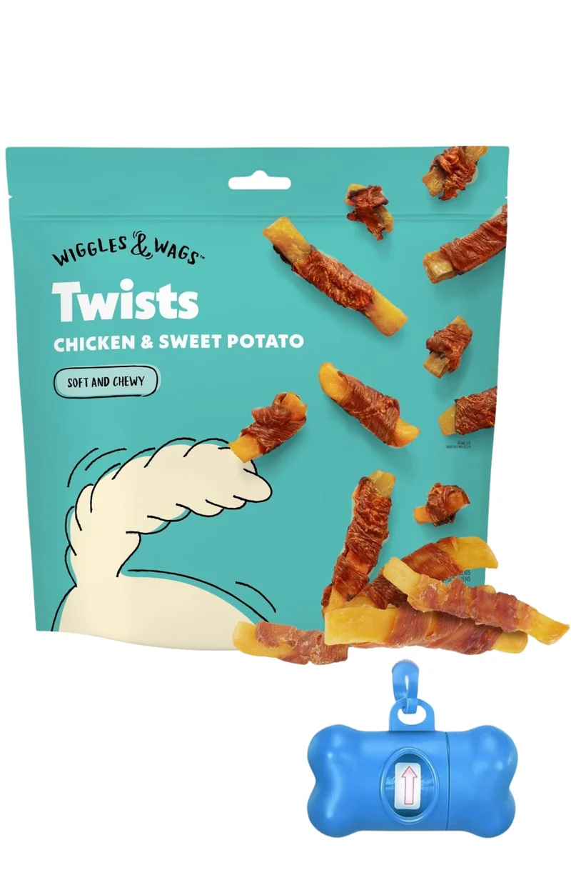 Friandises Wiggles & Wags Twists — Poulet & Patate Douce, 16 oz + Distributeur Os DN Essentials