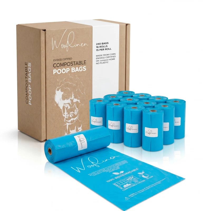 Wooflinen Sacs Poubelle Chien Biodégradables Sans Parfum – Étanches 9x13, 240 Sacs (16 Rouleaux)