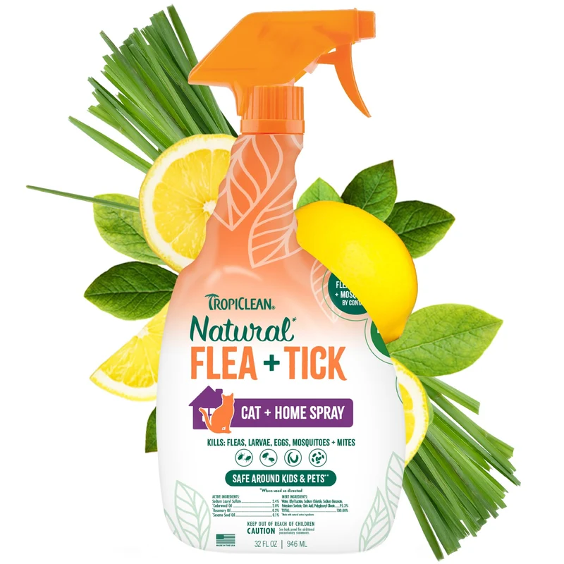 TropiClean Spray Traitement Puces et Tiques pour Chats & Maison – Action au Contact, Ingrédients Naturels, Fabriqué Etats-Unis, 32 oz (946 ml)