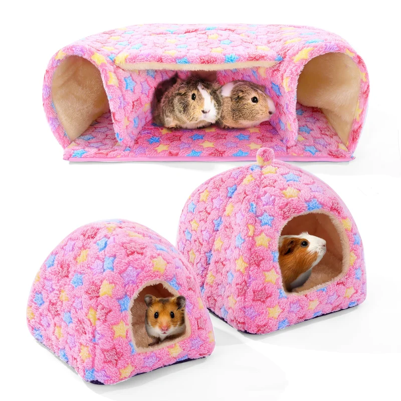 MABOZOO – Ensemble 3 pièces cochons d’Inde : 2 lits confortables et cachette avec tunnel rose L