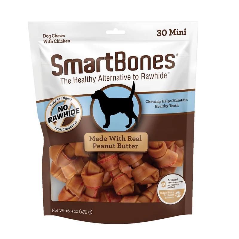 SmartBones Bouchées Mini au Beurre d’Arachide – Sans Cuir, 30 Pièces – Sans Conservateurs ni Arômes Ajoutés, 480 g
