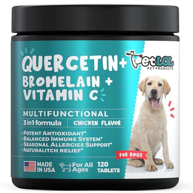 PET LOL Quercétine pour Chien – Bromélaïne & Vitamine C, Allergies & Peau – 120 Comprimés, Fabriqué aux États-Unis