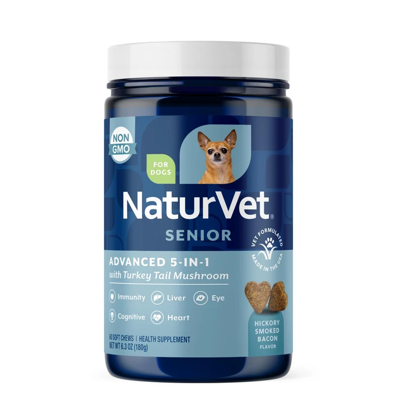 NaturVet Senior 5-en-1 – Supplément pour chien (60 comprimés) – Soutien immunitaire, cœur, foie, cognition et santé oculaire – Ginkgo biloba et lutéine