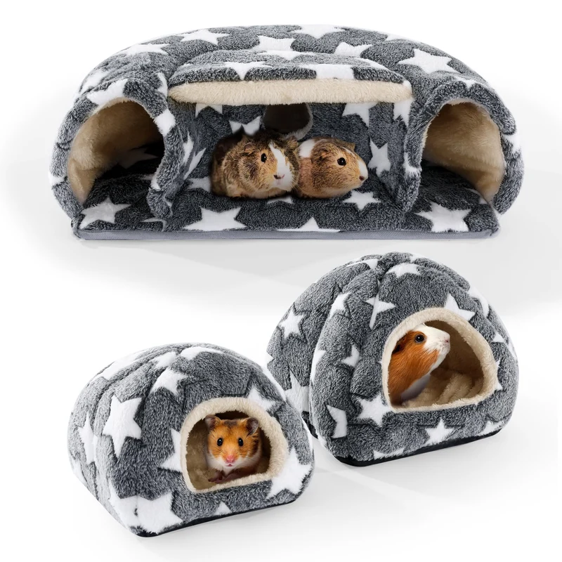 MABOZOO – Ensemble 3 Accessoires Cobaye: 2 Maisons Douces et Tunnel Hideout (Gris)