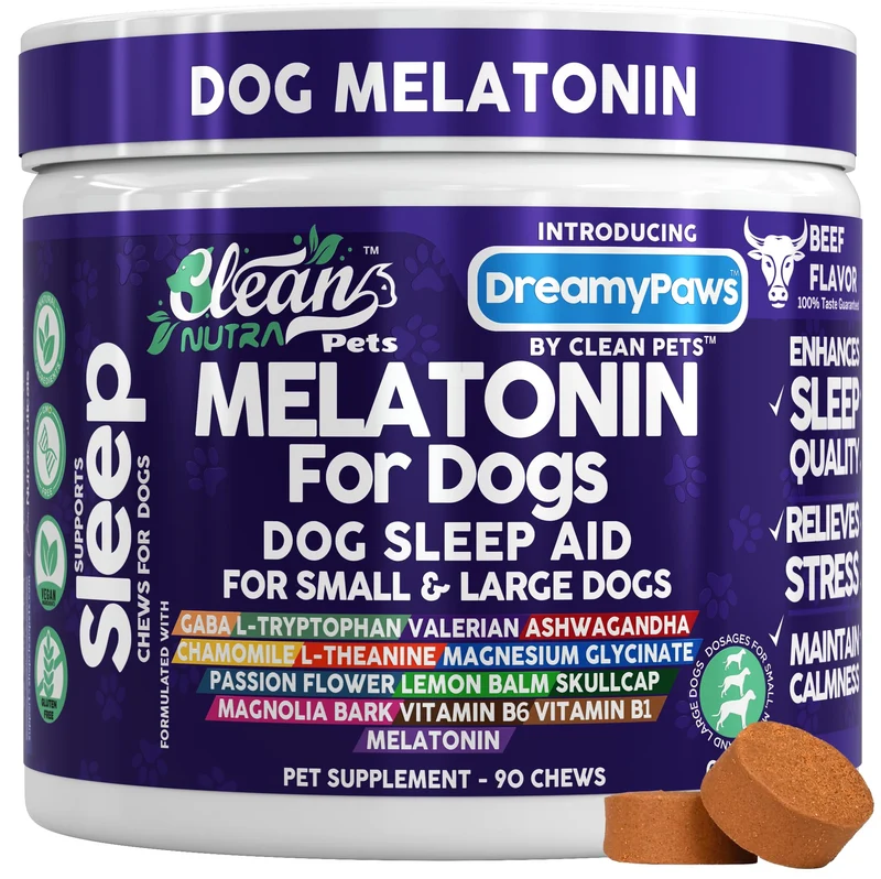 Dreamy Paws Mélatonine pour Chiens – 90 Friandises au Goût Boeuf, Calme et Sommeil Récupérateur | Clean Nutraceuticals