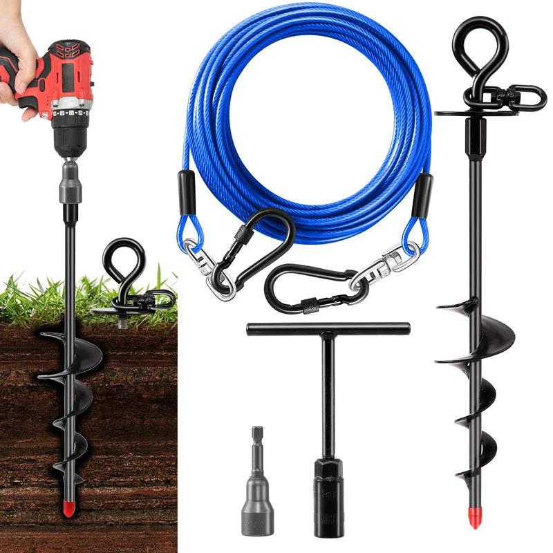 cawhulf Câble et Ancre Chien 30ft – Pieu Spirale Pivotante et Attache Amovible, Résistant à la Rouille, Jusqu’à 200 lb