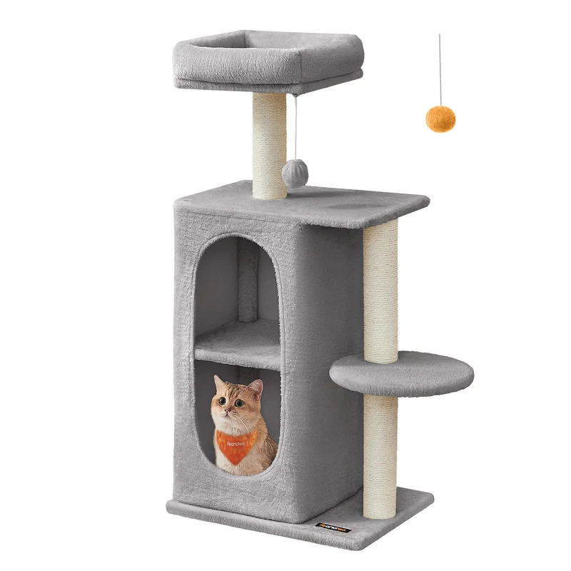 Feandrea Arbre à Chats Compact – Tour d’intérieur, Caves en Peluche, Perchoir et Poteaux à Griffer – Gris Clair