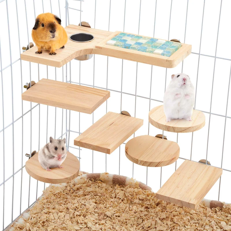 DoubleFill – Ensemble 9 Accessoires Bois pour Cage Petit Animal (Plateforme en L, Planche Refroidissante, Gobelet Alimentaire)
