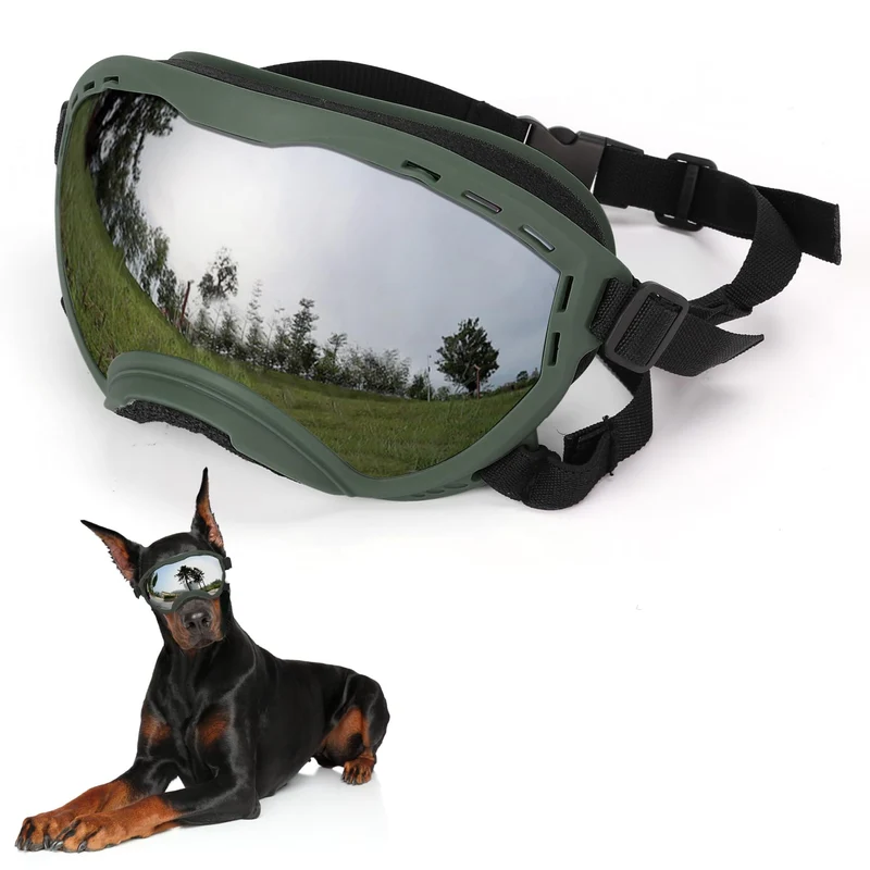 Flantor Lunettes Chien Grand Format – Protection UV, Cadre Doux et Sangle Ajustable (Vert)