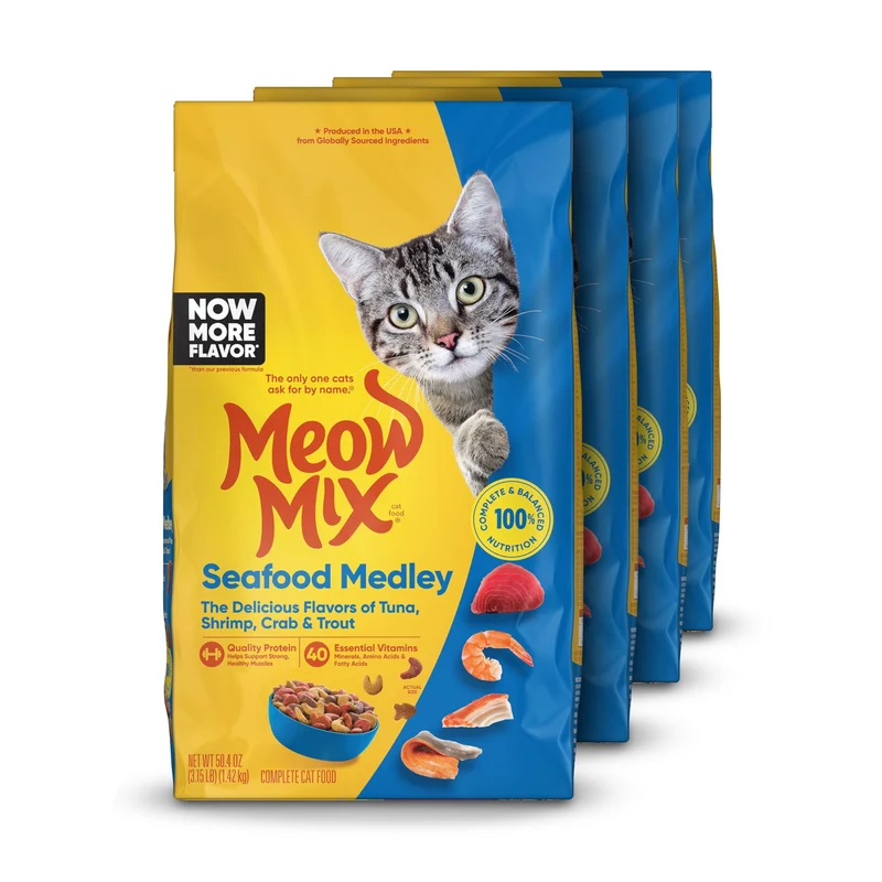 Meow Mix Méli-Mélo Fruits de Mer — Nourriture sèche pour chat, Pack 4 × 1,43 kg