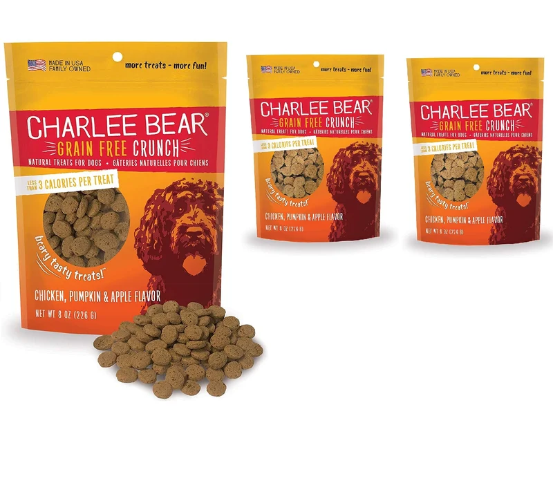 Charlee Bear Croquants d'Entraînement pour Chien – 3 Kcal, Sans Céréales, Mini Friandises Naturelles au Poulet, Potiron et Pomme, Fabriqué aux États-Unis, 3 Sachets de 8 oz